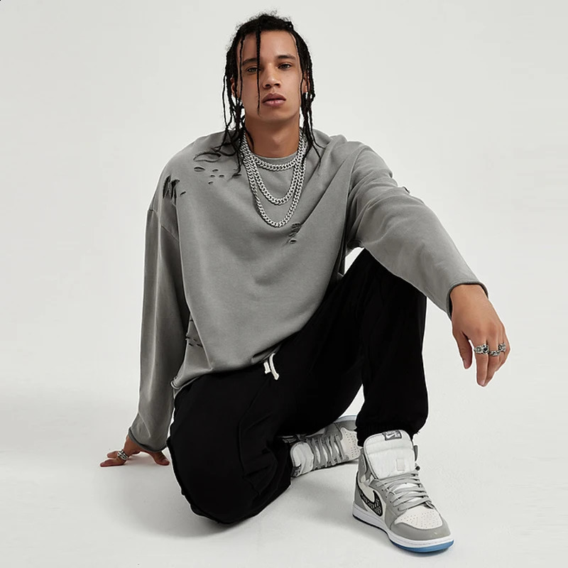 ELKMU Vintage Streetwear Hole Sweatshirt Men Fashion Autumn Two Layers Pullover Solid Color Harajuku Cotton Tops Oversized 240812
