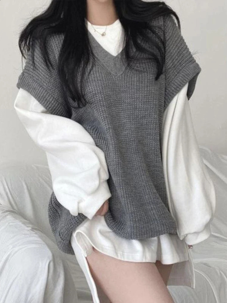Autumn Winter Vest Women Korean Style Knitted Sweaters Female Oversized Preppy Jumper Ladies Casual Loose Long Sleeve Pullovers 240812