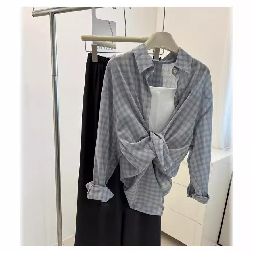 Fat girl plus size slightly chubby thi long sleeved blue checkered women s summer loose sun protection shirt cover up shirt
