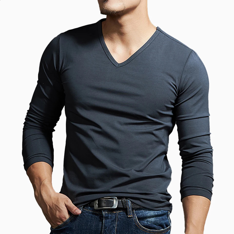 Casual Mens Long Sleeves Muscle V Neck Slim T-Shirt Solid Color Activewear Tops Tee Undershirt T Shirt Man Clothing 240812
