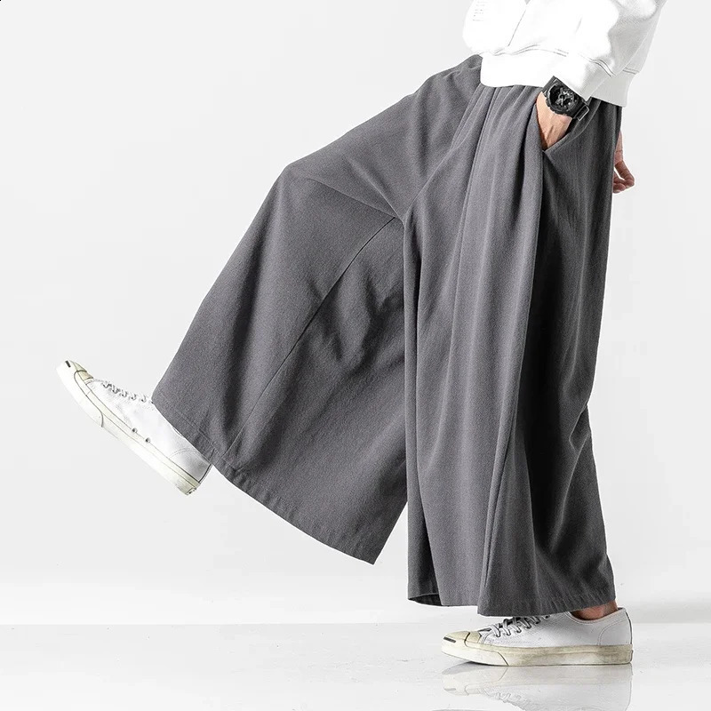Chinese Style Cotton Linen Men Clothing Casual Wide Pants Loose Plus Size Breathable Comfortable Harajuku Oversized Men Trousers 240814