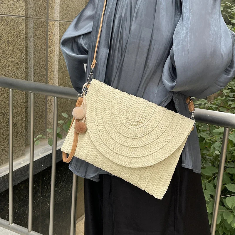 2024 Summer Handbag Clutch Bag For Women Fashion Khaki Straw Simple Small Beach Crossbody Phone Purse Flap Envelope 240812