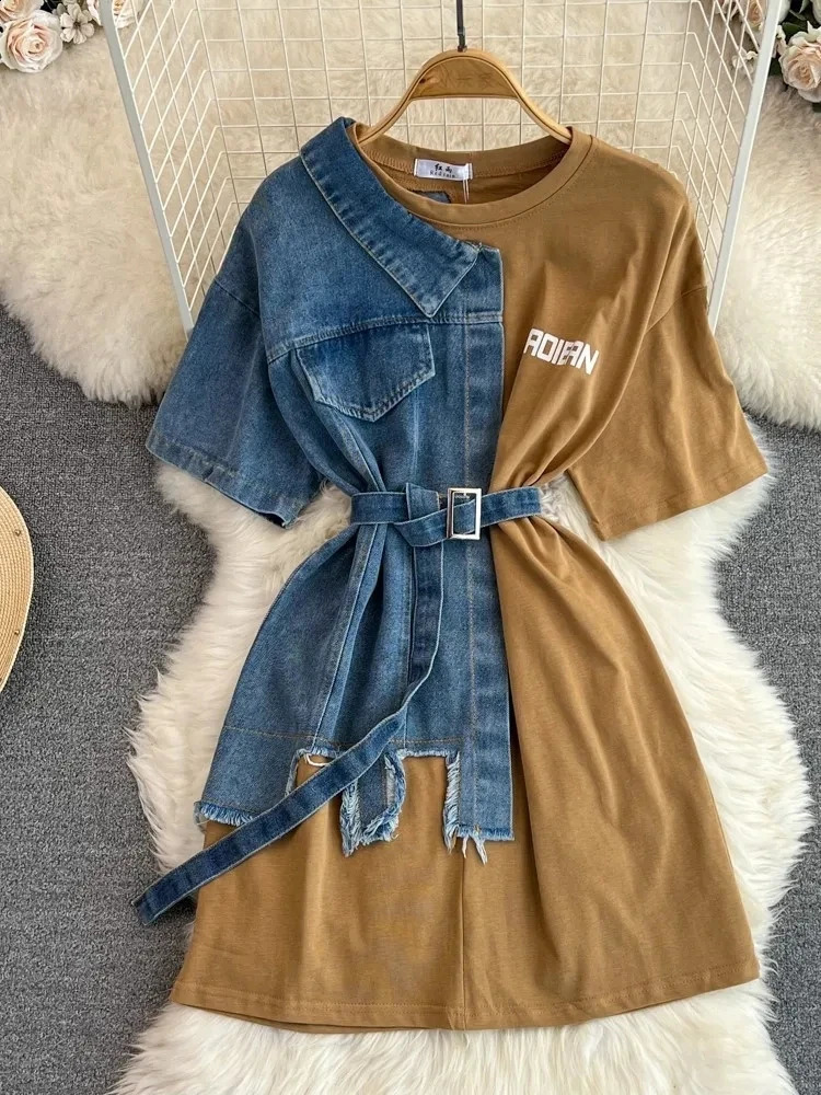 Women Elegant Patchwork Denim Shirts Summer Vintage Casual Slim Blouses Tops with Belted Female Fashion Pullover Clothes 240812