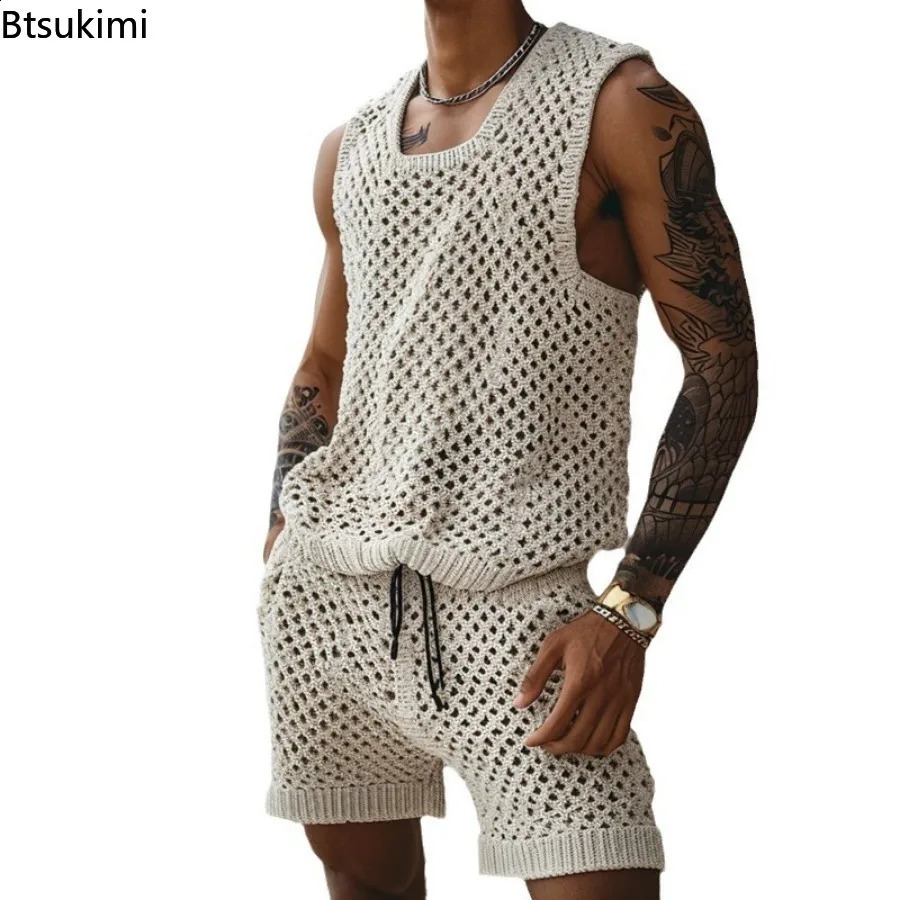 Mens Summer Casual Knitted Two Piece Fashion Solid Loose Tank Top and Shorts Beach Sportswear Hollow Street Clothing 240812