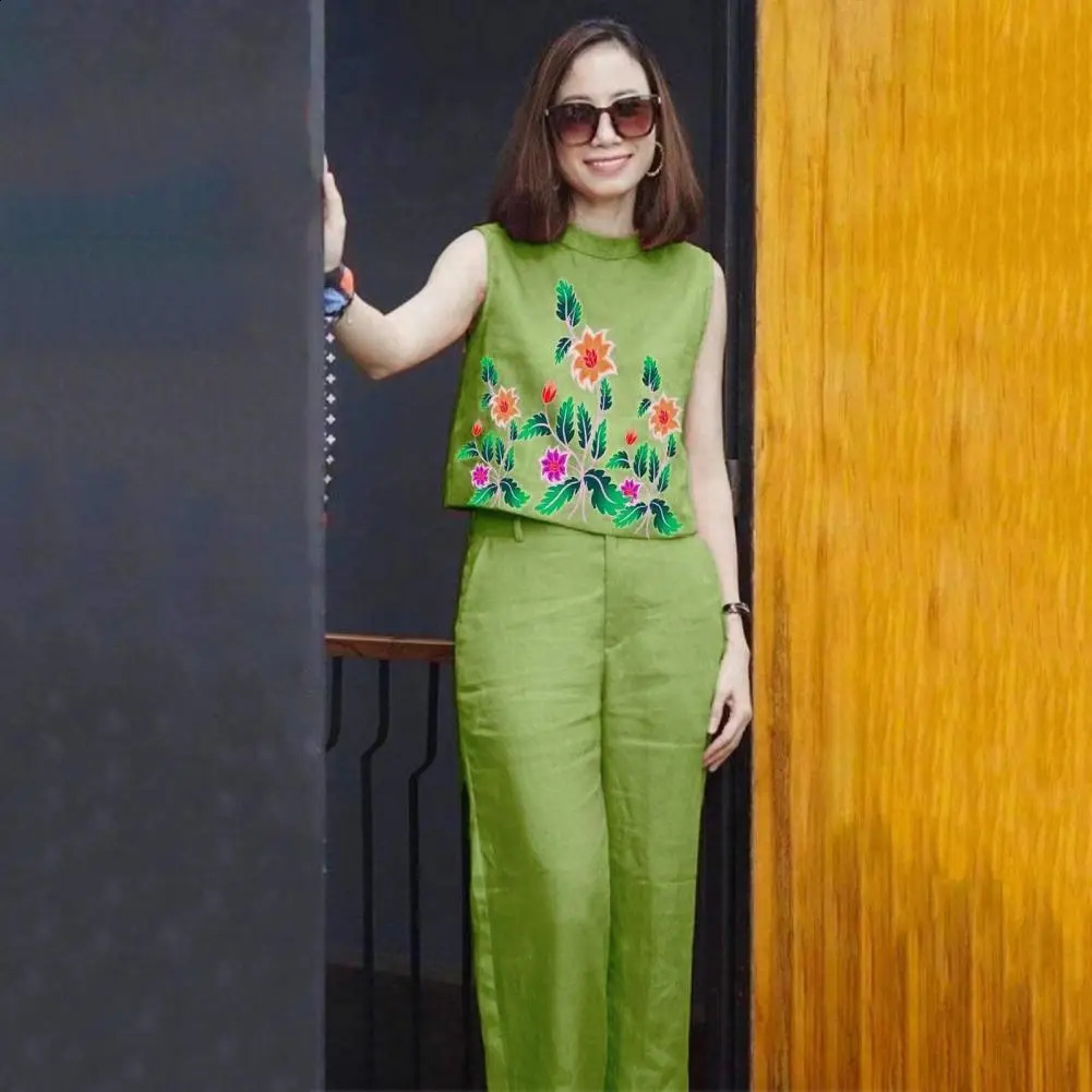 Summer Cotton Womens Set Sleeveless O-Neck Tank Top Wide Leg Pants Two Piece Sets Women Outifits Oversize Clothes Outfits 240813
