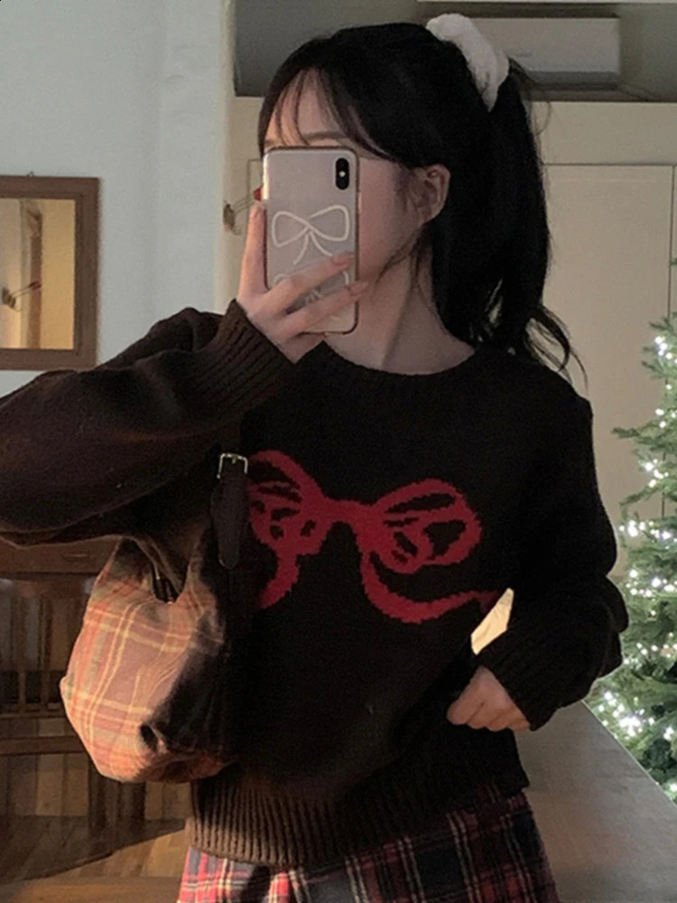 Korean Fashion Pullovers for Women Bow Jacquard Long Sleeve All Match Short Sweaters Autumn Winter Preppy Style Clothing 240812