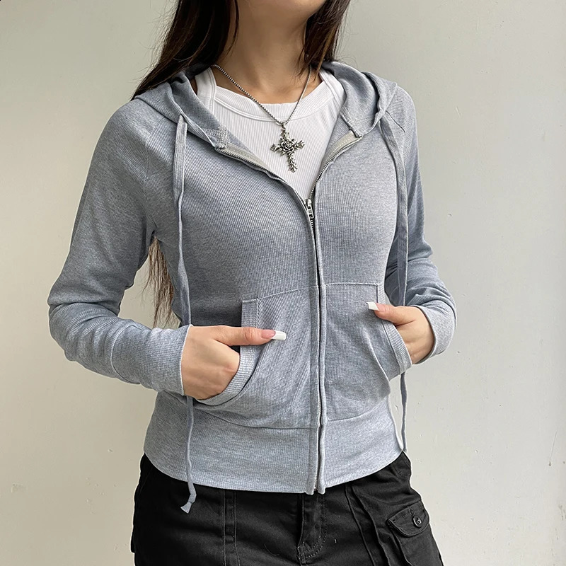 CIBBAR Casual Zip Up Hoodie Cardigan y2k Streetwear Pockets Patchwork Hooded Sweatshirt Women Basic Clothing Fall Clothing 240812
