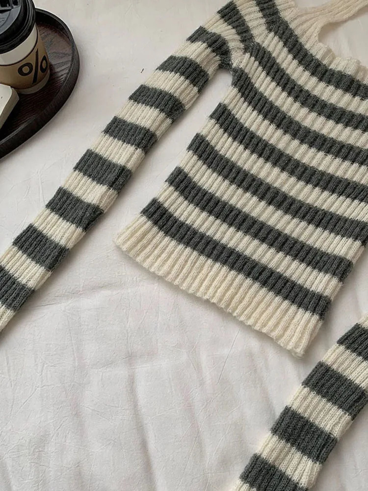 Sweet Preppy Style Classical Striped Sweater Women Halter Knitted Pullover High Street Casual Jumper Japanese Y2k Autumn Winter 240812