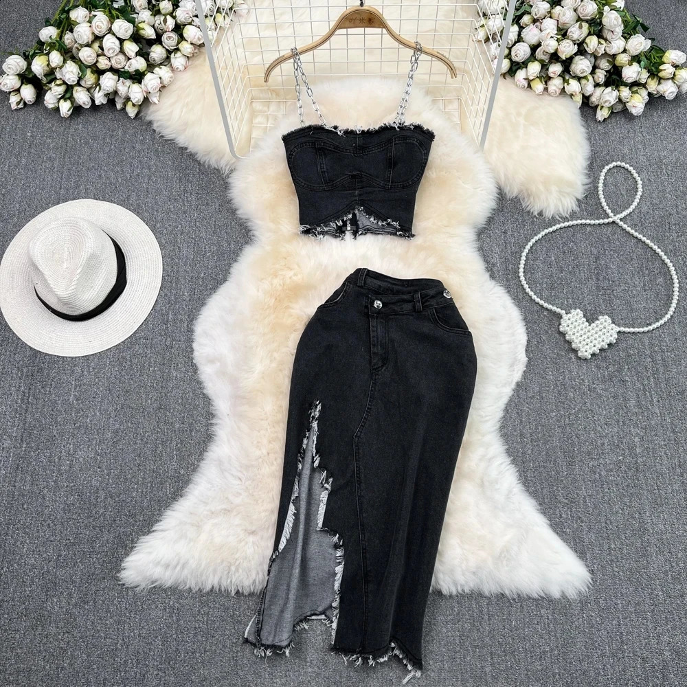 Amolapha Women Sleeveless Chain Suspender Strap Tops High Waist Split Half Skirt Denim Two Pieces Suits 240812