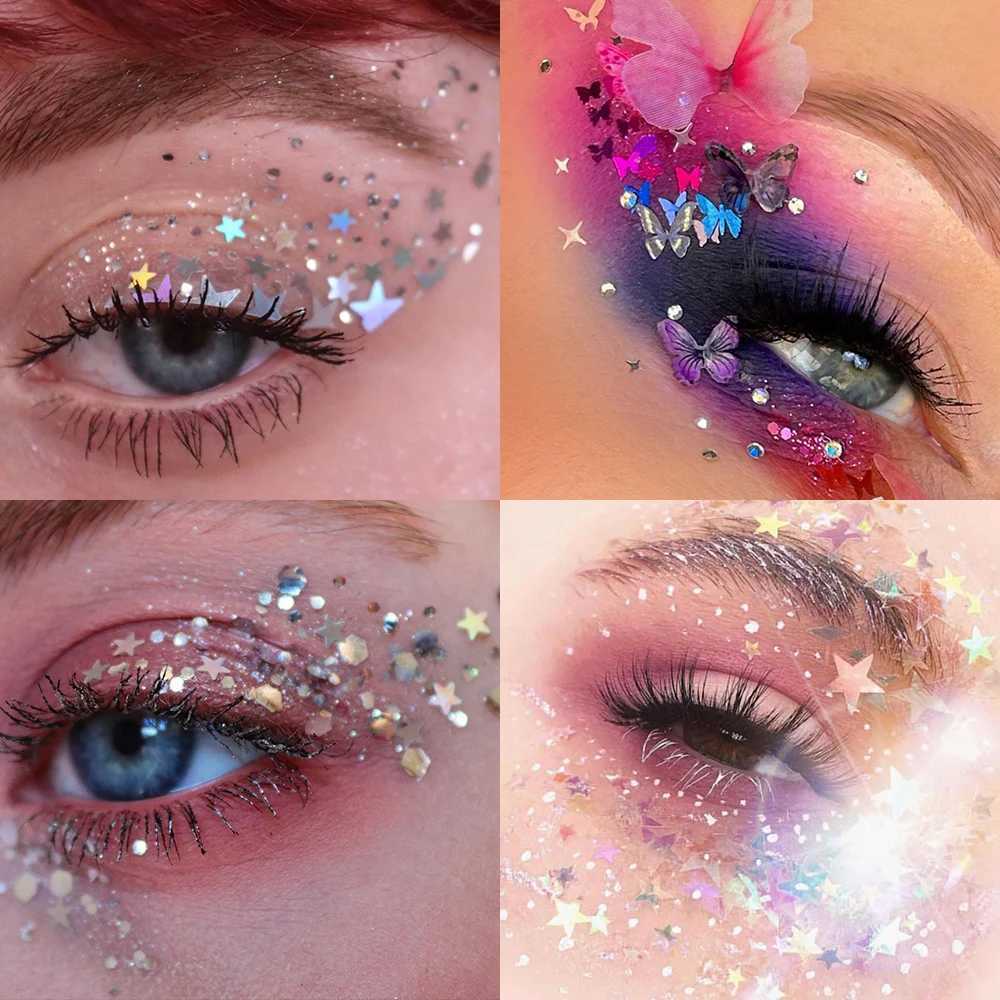 12 pieces/set Body/face/eye makeup glitter gel eye shadow cream star/moon/hexagonal nail sequins gel Halloween party makeup 6 pieces W240812