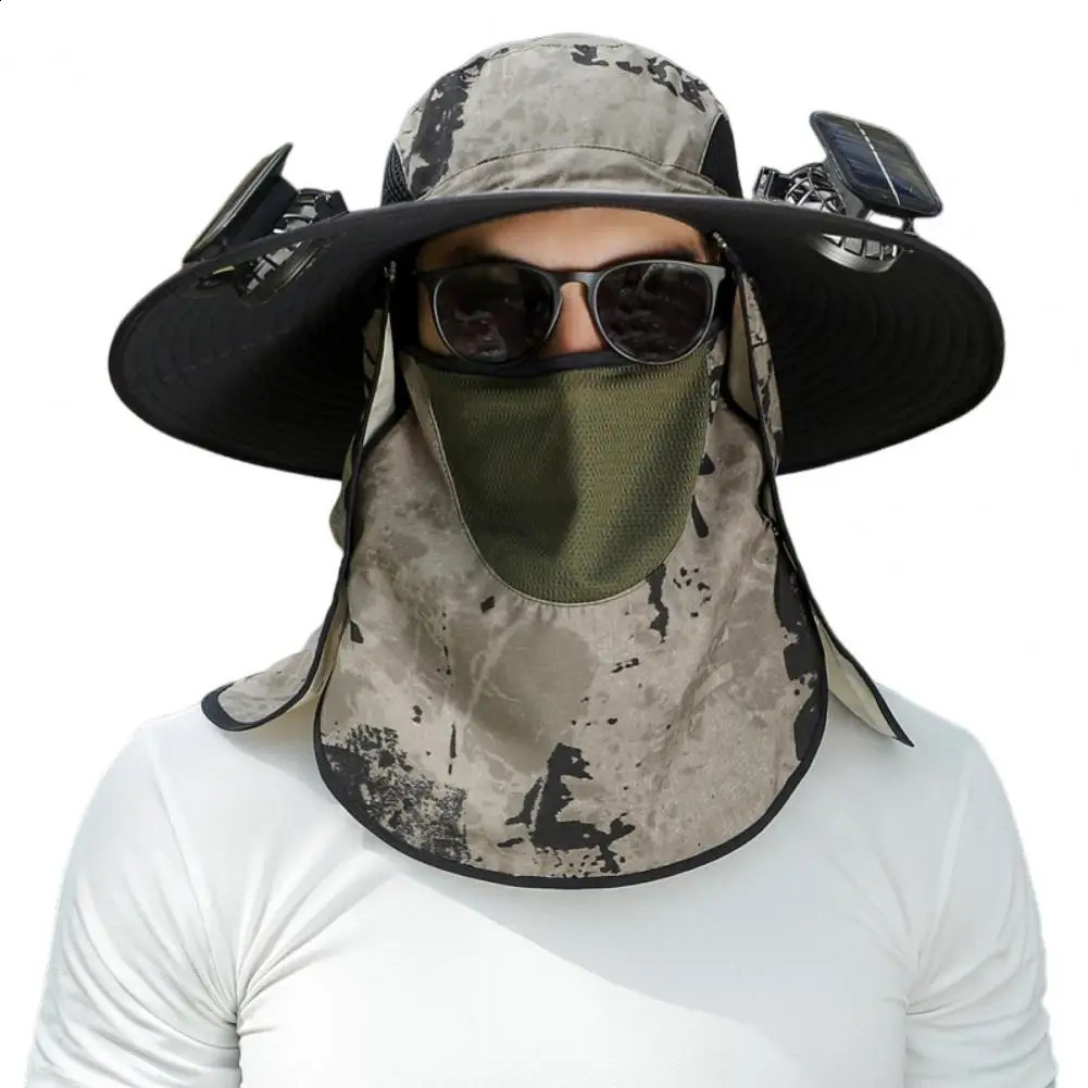 Mens Fishermans Hat with Solar Fan Front Cover Large Diameter Hollow Mesh UV Protection Outdoor Fishing Travel 240812