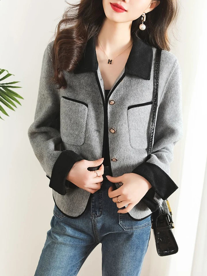 Zoki Elegant Grey Tweed Jacket Women Fashion Buttons Fall Casual Short Coat Korean Office Lady Turn Down Collar Patchwork Tops 240812