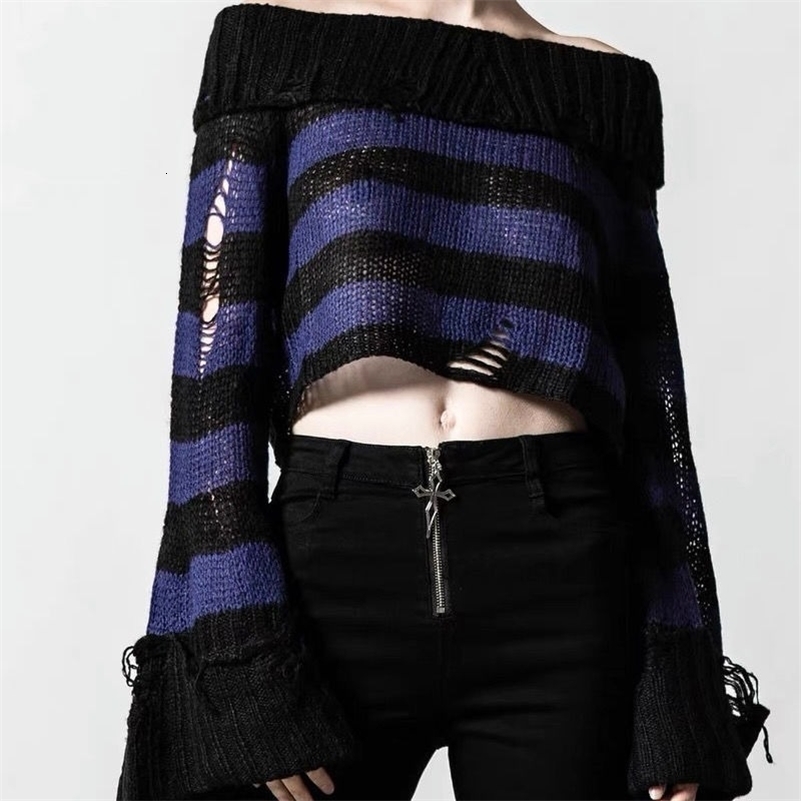 Deeptown Gothic Striped Cropped Women Knit Sweater Off Shoulder Y2K Hole Pullovers Harajuku Vintage Spring Punk Korean Fashion 240812