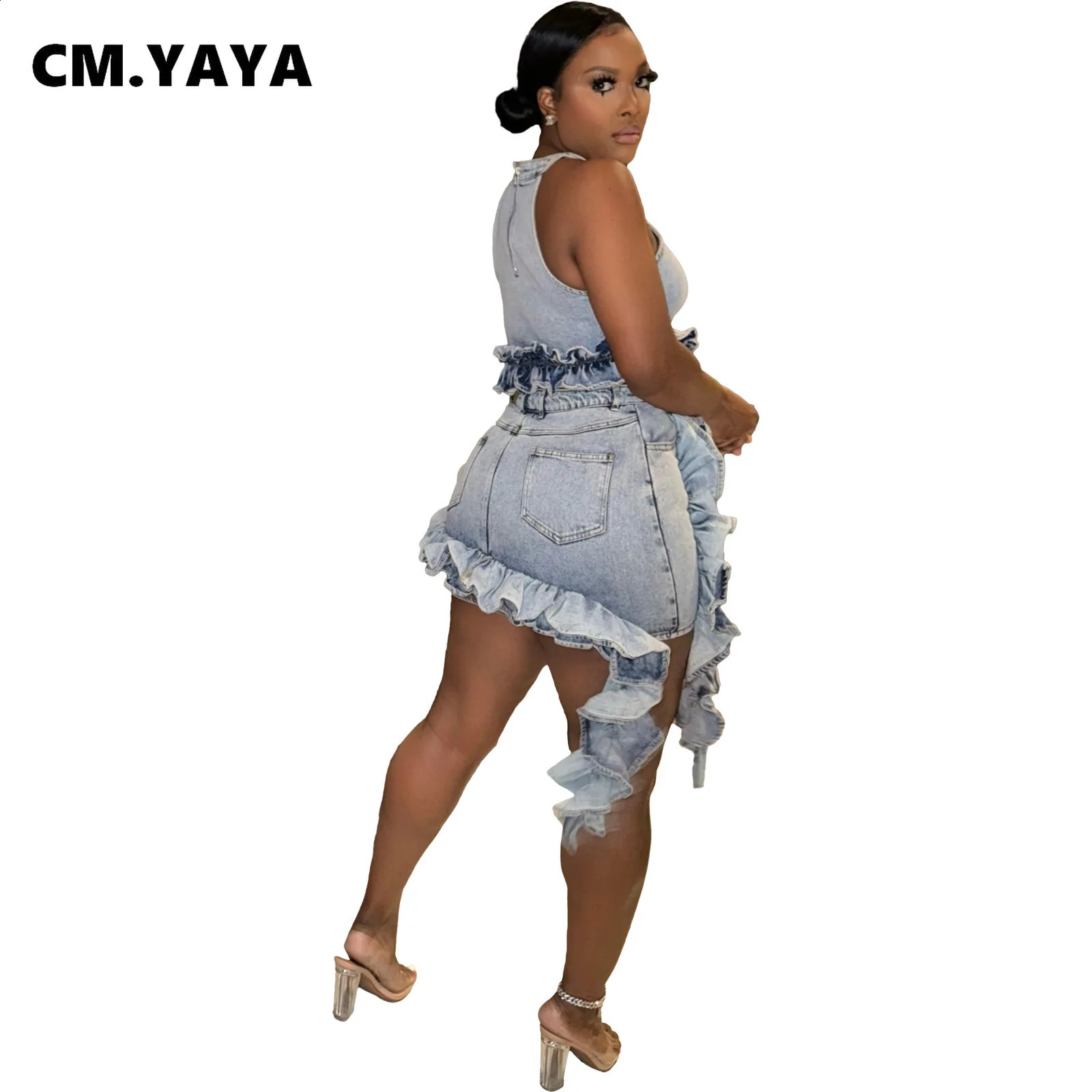 CM.YAYA Denim Womens Set Sleeveless Selvedge Elastic Washed Crop Top Mini Skirts Two 2 Piece Sets Outfits Street Tracksuit 240812