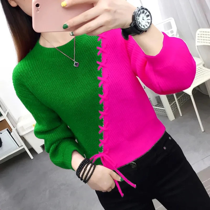 Autumn Winter Women Sweaters Pullover Korean Long Sleeve Lace Up Spliced Round Neck Contrast Color Knit Sweaters Female Tops 240813
