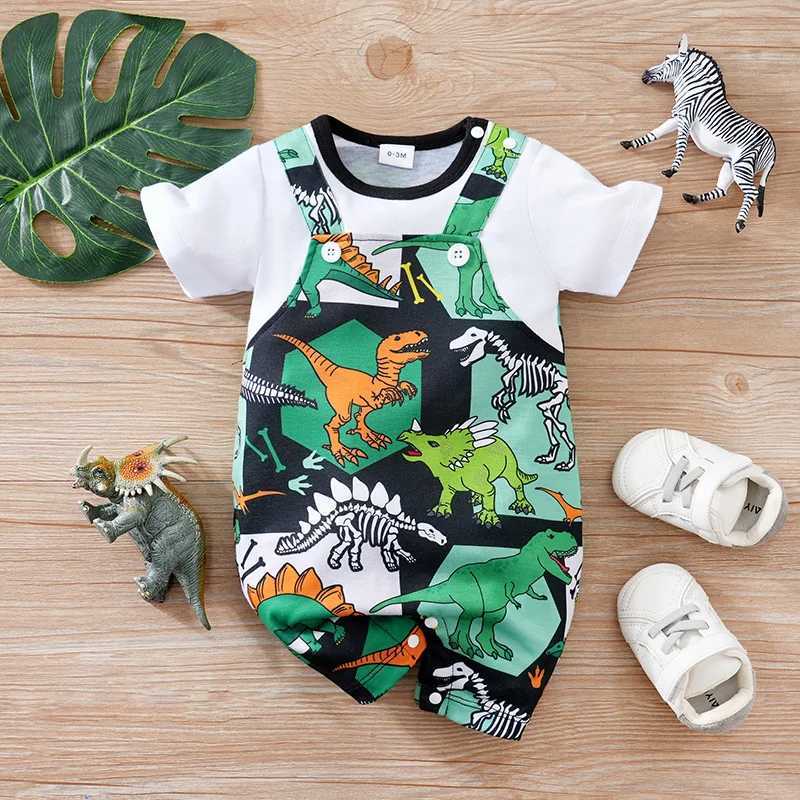 Newborn Clothing Handsome Cartoon Dinosaur Fake Belt Full Print Soft Summer Boys and Girls 0-18 Short Sleeve Baby Tight Clothes W240812