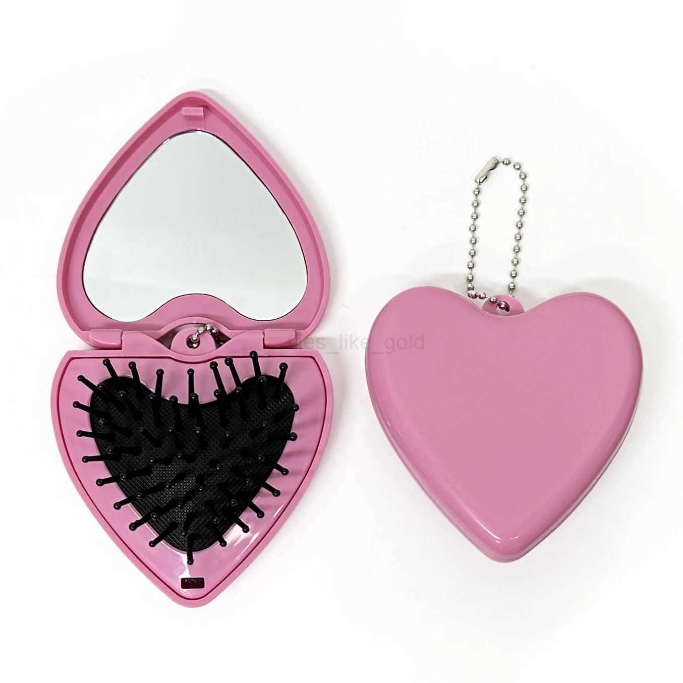 Heart shaped folding hair brush with mirror cute pink hand mirror with brush W240813