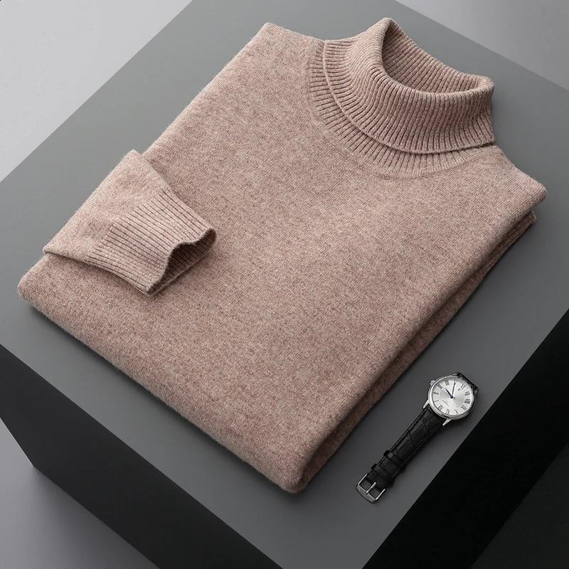 Autumn and Winter 100% Wool Bottom Shirt Mens Thick Collar Sweater Business Cashmere Knitted 240812