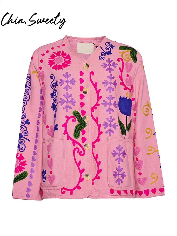 Fashion printed jacket womens casual single chest Vneck long sleeved pocket autumn elegant 240808