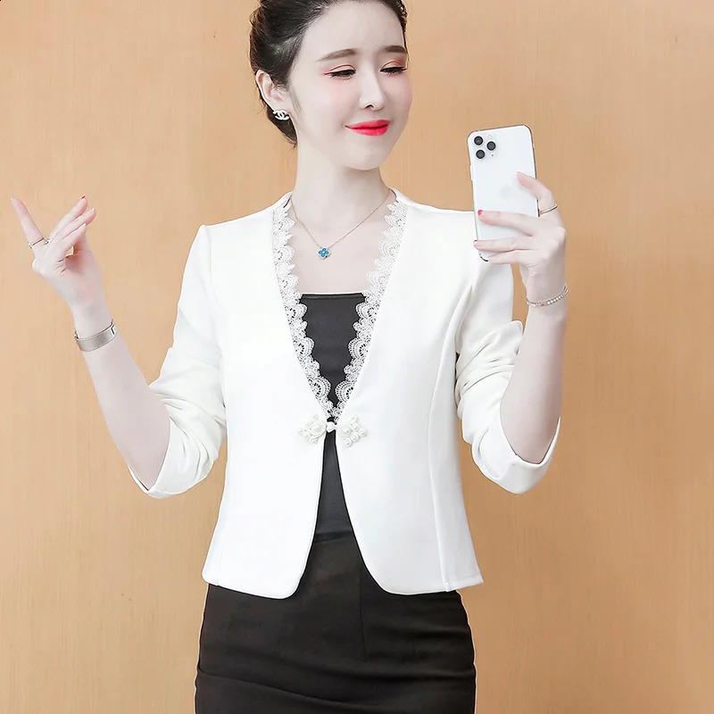 #5320 Black White Office Jacket Women V-neck Single Buttons Slim Short Vintage Coat Outerwear Cardigan Womens Jackets And Coats 240812