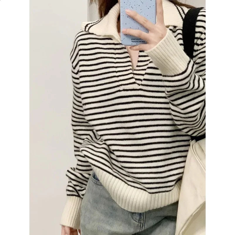 Versatile Striped Top Long Sleeve Knitted Sweater Preppy Style Loose Fit Slimming For Women Arrival Korean Version 240812