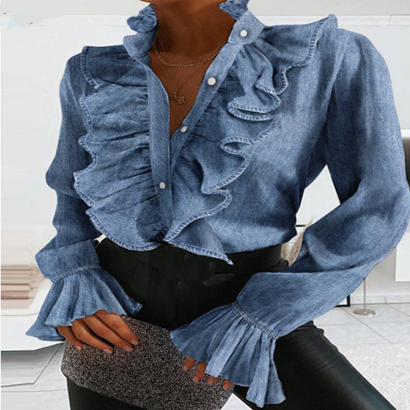 Denim Ruffled Long Sleeve Button Shirt Blouse Summer Sexy V Neck Pleated Chiffon Blouses Spring Elegant Office Lady Tops Blusa o240812