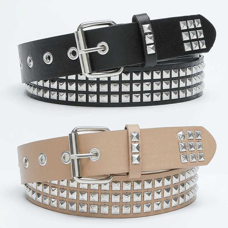 Gothic punk style womens retro rivet PU leather belt jeans belt buckle Y2K girl fashion belt belt W240807