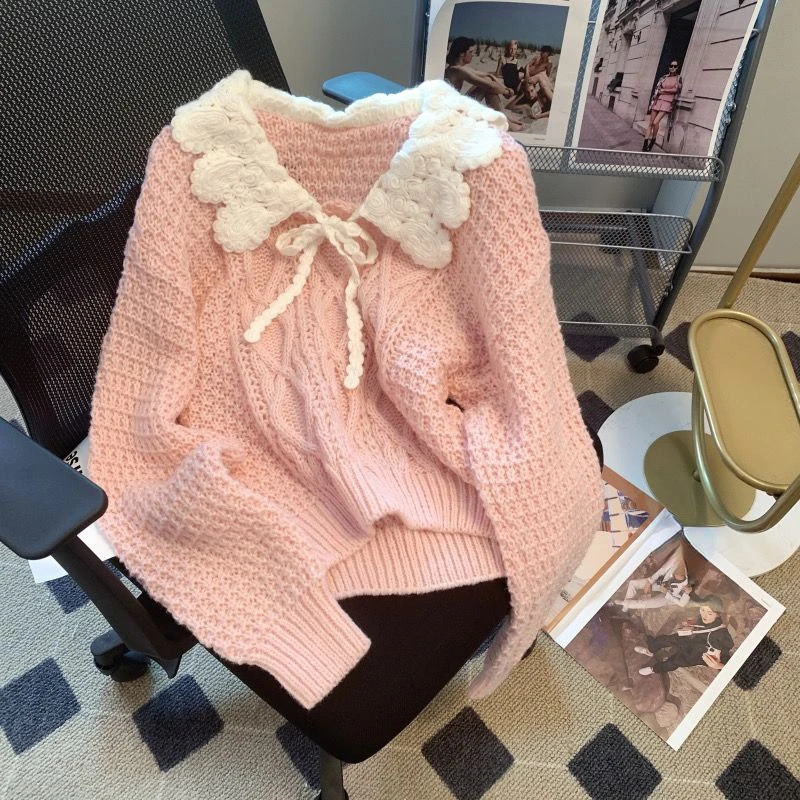 Japanese Sweet Pullovers Peter Pan Collar Contrast Color Lace Up Autumn Knit Sweaters for Women Preppy Style All Match Clothing 240812