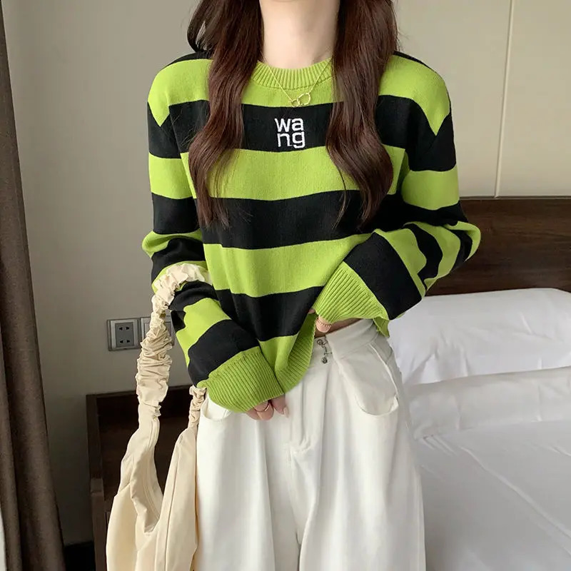 Preppy Style Autumn Winter Sweaters Womens Round Neck Striped Letter Contrast Color Fashion Loose Long Sleeve Knitted Tops 240812