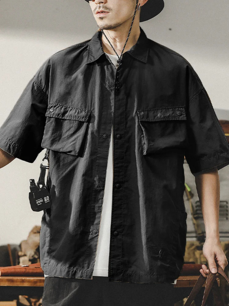 Houzhou Techwear freight shirt mens short sleeved top clothing casual quick drying summer Japanese street hiphop 240812