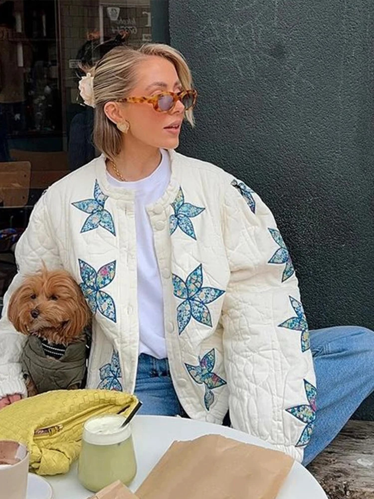 Fashion Star Floral Print Quilted Bomber Jacket For Women Elegant O-neck Long Sleeve Cotton Coat 2024 Autumn Lady Chic Outerwear 240809