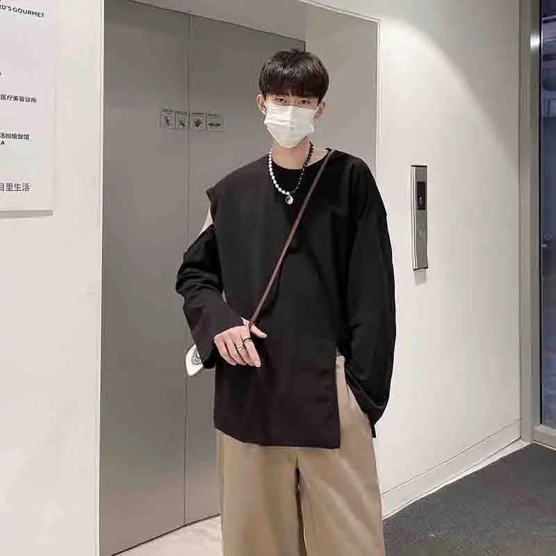 Cold Shoulder Slit Fork Long Sleeve Men T Shirts Summer Fashion Ripped Hole Personality Hip Hop Punk Black White Oversized Tops 240812