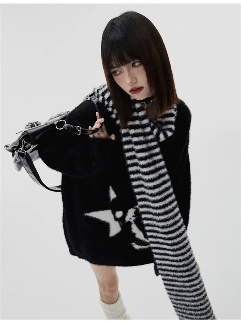 Y2k Aesthetic Pullover Mohair Thick Sweater Punk Vintage Sueter Skull Print Grunge Pull Cosplay Striped Scarf Autumn Winter 240812