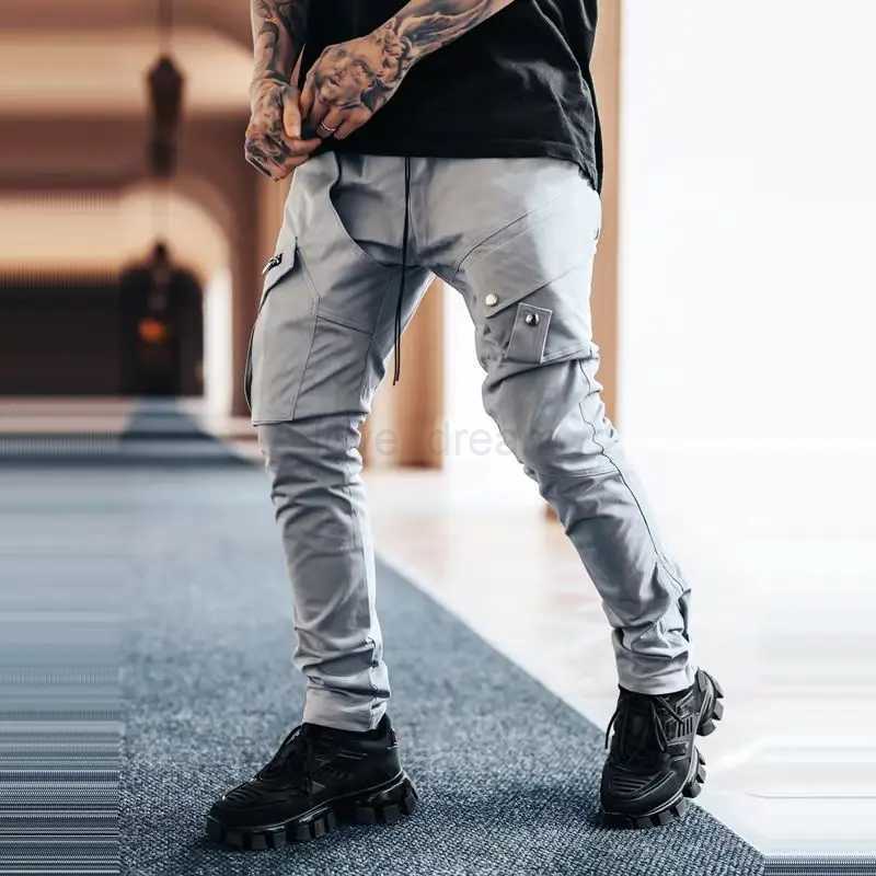 Mens Side Pocket Cargo Pants Zipper Black Grey Khaki Hip Hop Casual Male Joggers Trousers Fashion Streetwear Pantalones HombreXJ240813