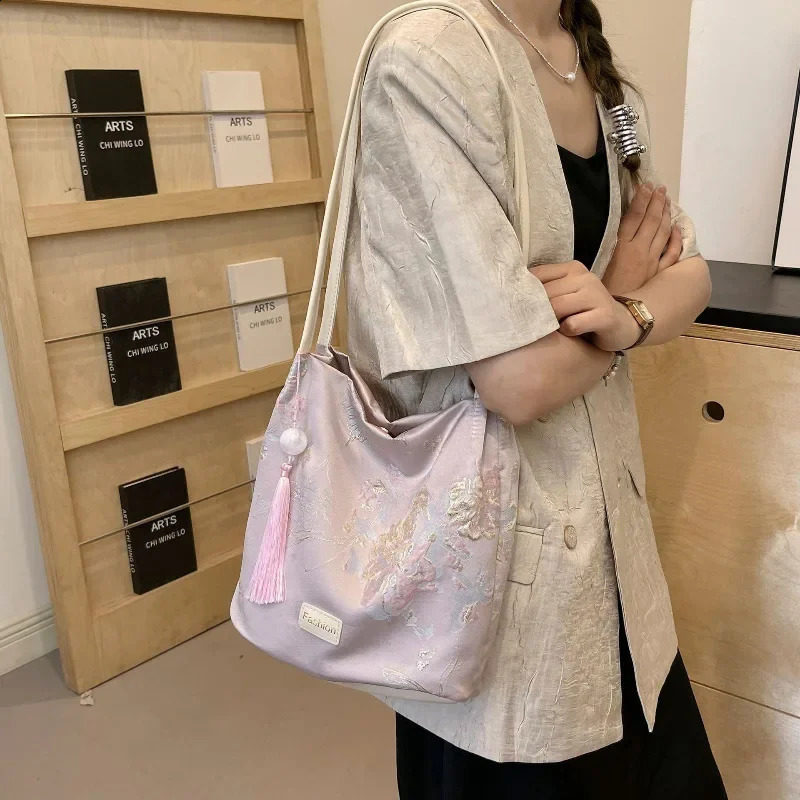 Chinese style floral embroidery bucket handbag for women Han Fu paired with butterfly PU strap satin shoulder bag 240813