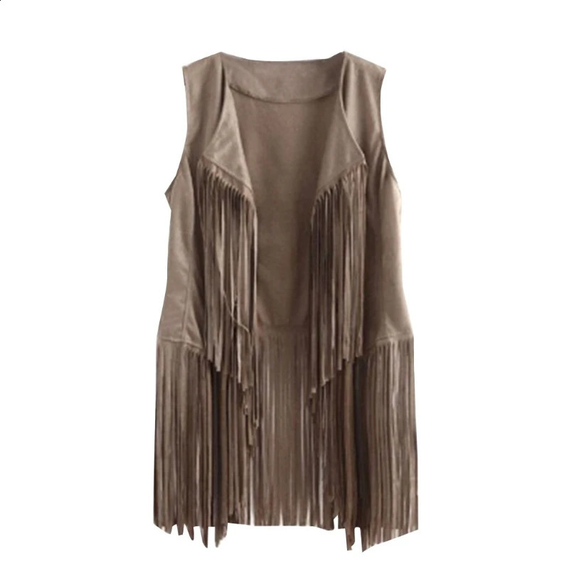 M2EA Women Faux Suede Ethnic Sleeveless Jacket Long Fringe Tassels 70s Hippie Open Front Cardigan Vintage Waistcoat Vest Top 240813