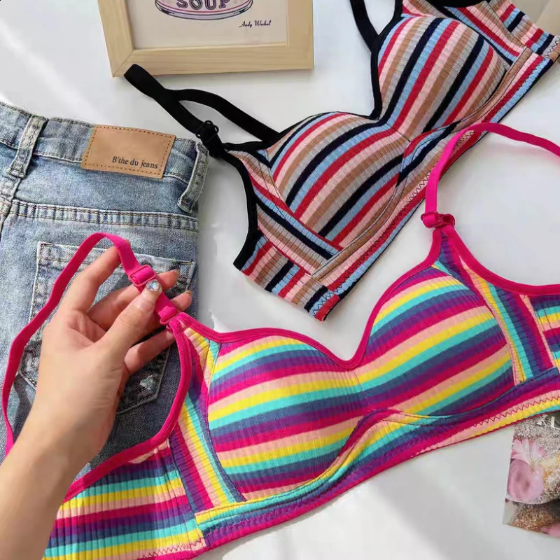 Sexy Bra for Women Tops Dopamine Rainbow Seamless Bra Steel Ring Free Underwear Lingerie Bralette 240812