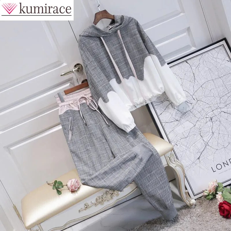 2024 Spring Grey White Spliced Hoodie Lace Up Pencil Pants Two Piece Set of Korean Style Female Student Sports Set Tracksuit 240813