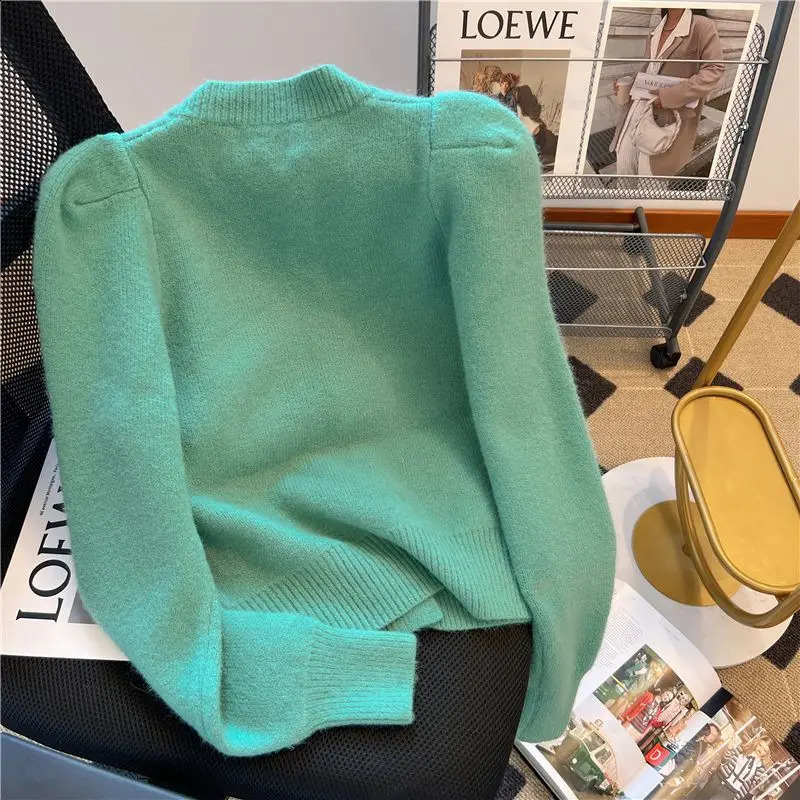 Knitted Cardigan womens Autumn Winter Korean Loose Solid Color Round Neck Sweater Coat Fashion Elegant Cardigans 240813