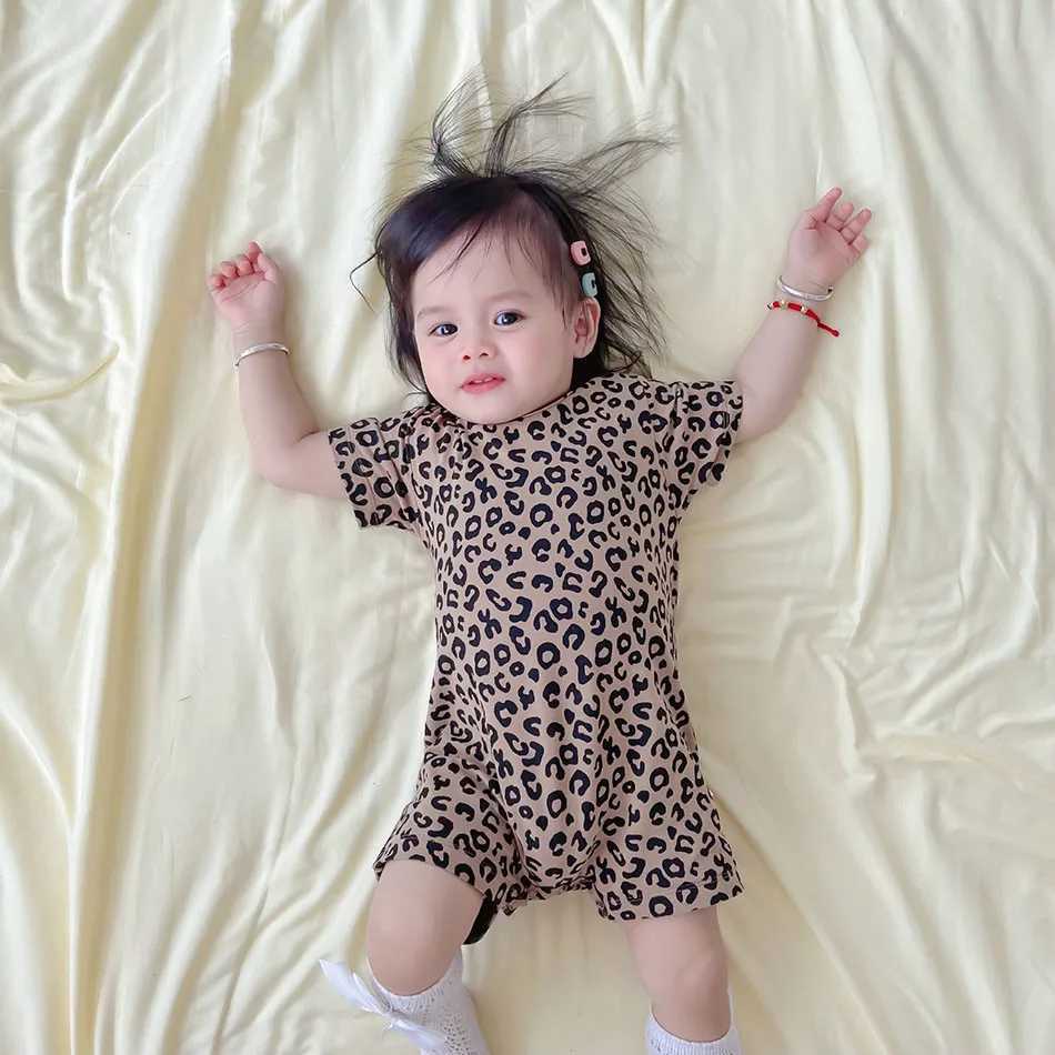 Newborn baby boy and girl clothing summer cute leopard print jumpsuit sweet cotton jumpsuit short sleeved baby clothing 0-24M W240812