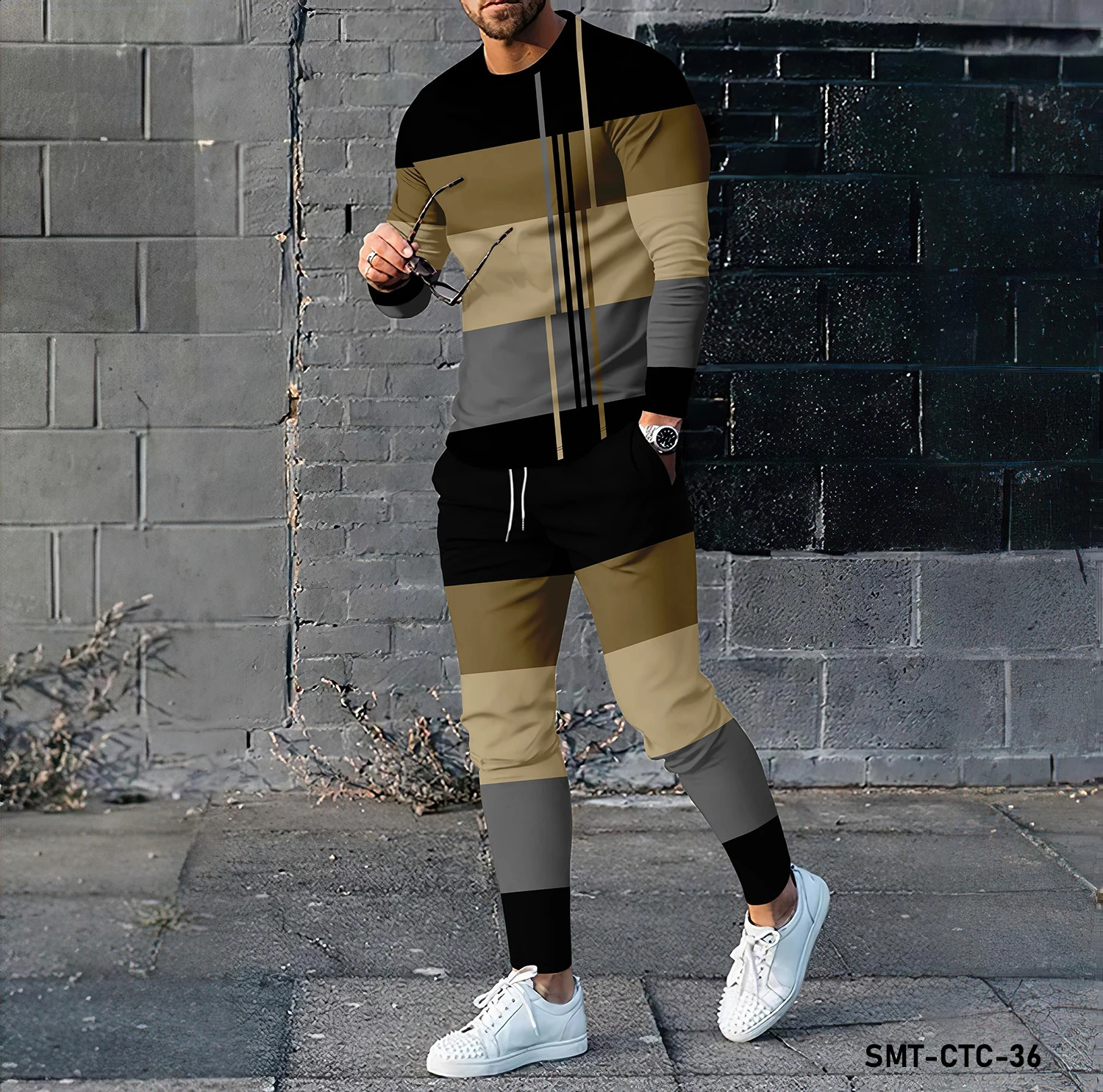 Stripe pattern 3D printing mens long sleeved T-shirt and pants set fashion clothing sportswear two-piece set 240813
