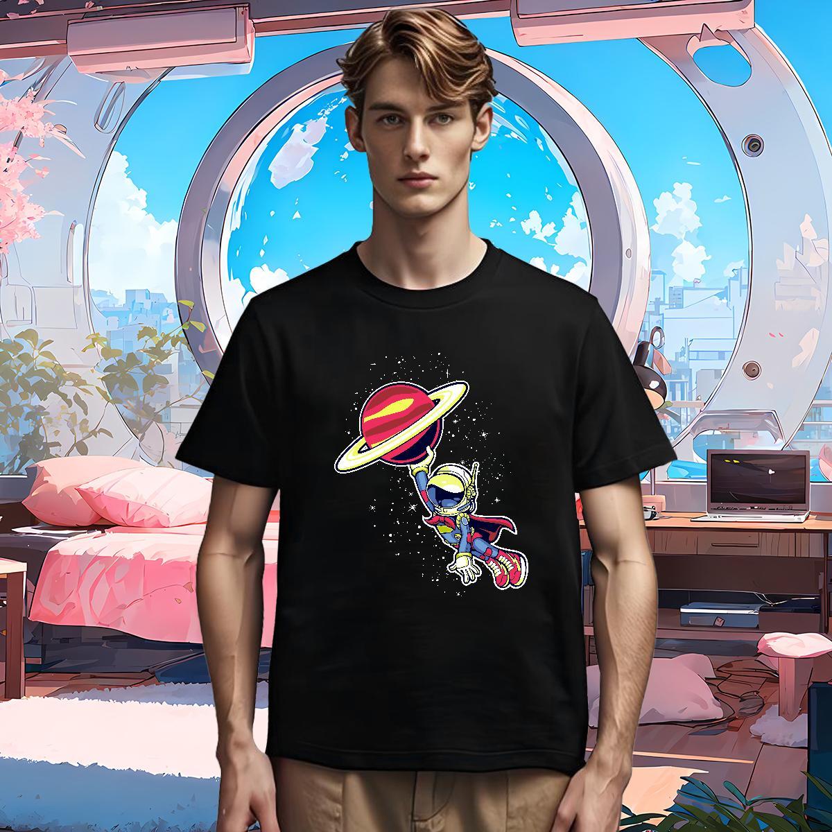 T Shirts Men 230g 100% Cotton cosmonaut Sport Breathable Short Sleeve Cartoon Print Men Tees New Designer Loose Fit Top Tees