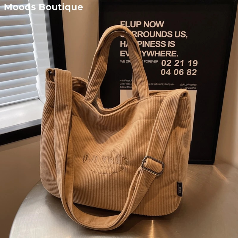 MOODS Corduroy Crossbody Bags For Women Embroidery Thread Large Capacity Shopping 2023 Winter Latest Fashion Shoulder Bag 240813