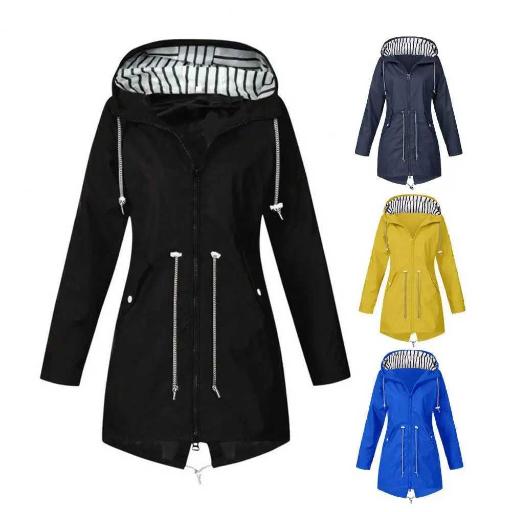 Jacket Coat Stylish Womens Waterproof Rain Jacket with Hood Drawstring Closure Spring Autumn Coat with Side Pockets Zipper Y240810