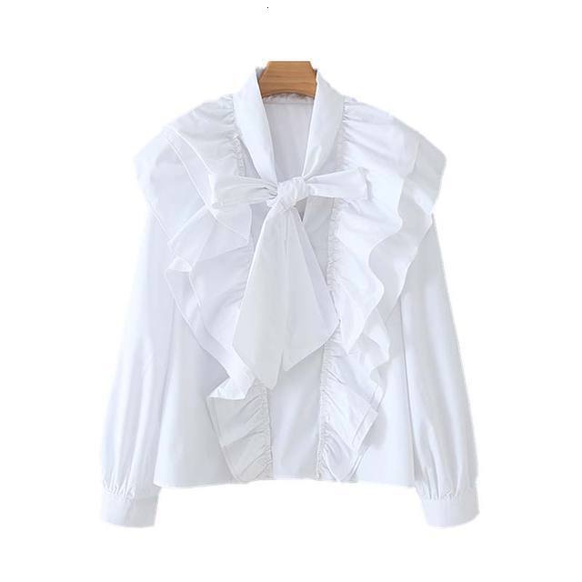 Women Chic Bow Tie Collar White Blouse Ruffles Long Sleeve O