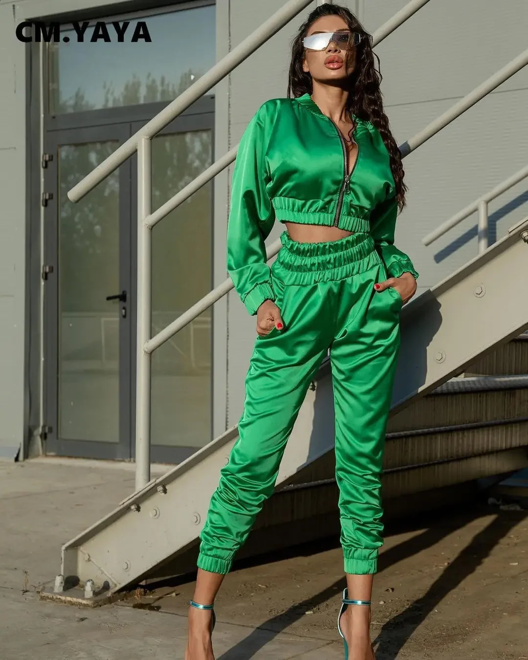 CM.YAYA Sport Bright Solid Womens Set Track Jacket and Pants Suit Active Sweatsuit Tracksuit Two Piece Set Fitness Outfits 240813