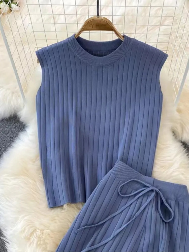 Knitted Autumn 2 Two Piece Set Women Sleeveless Bodycon Modis Ladies Tops High Waist Wide Leg Pants Woman 240813