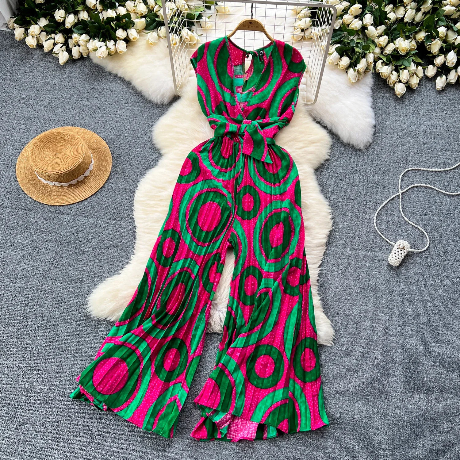 2024 Summer Elegant Women Abstract Print Jumpsuit Chic Streetwear Wide Leg Romper Mujer V Neck Bodycon Sleeveless High Jumps 240813