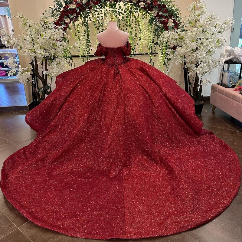 Red Shiny Off Shoulder Quinceanera Dresses Ball Gown Tulle Lace Beaded Appliques wer Party Sweet 16 Dress Vestido De 15 Anos