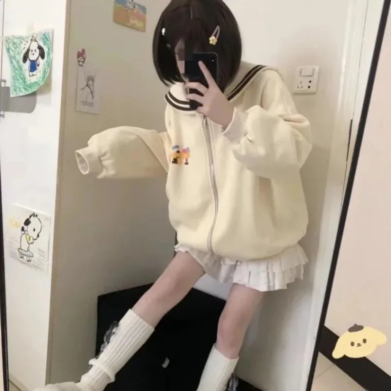 Harajuku Kawaii Zip Up Hoodie Women Sailor Collar Japanese Style Cute Sweatshirts Oversize Lolita Girly Anime Print Jacket 240812